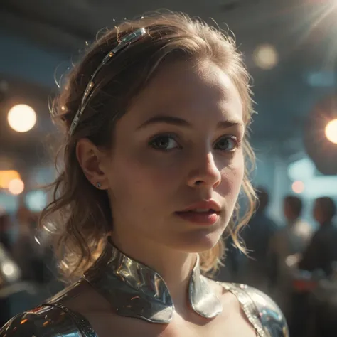 a woman in a silver dress standing in a room