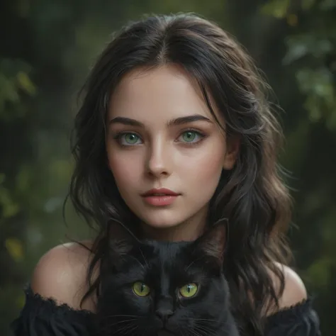 a close up of a woman holding a black cat in her arms