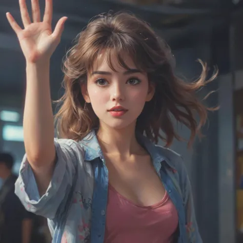 a woman in a pink top and blue shirt waving her hand