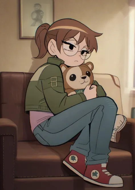 a woman sitting on a couch holding a teddy bear