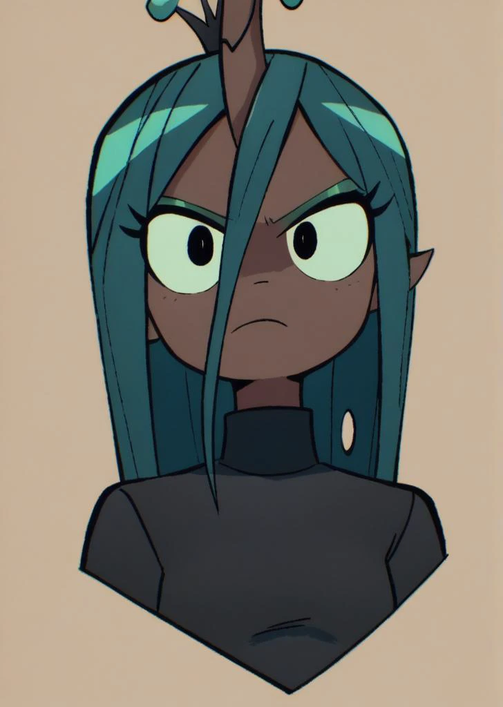 a cartoon girl with blue hair and a goat's head