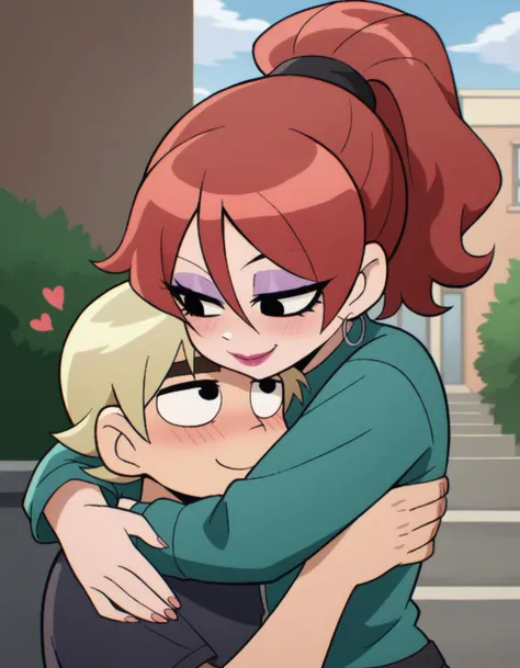 a woman hugging a boy in front of a building