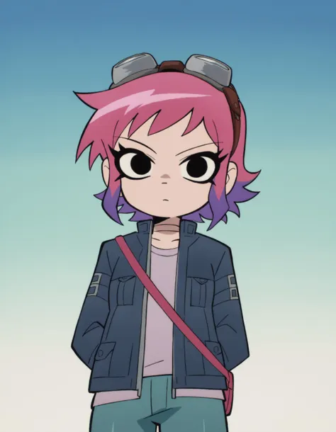 a cartoon girl with pink hair and glasses standing in front of a blue sky