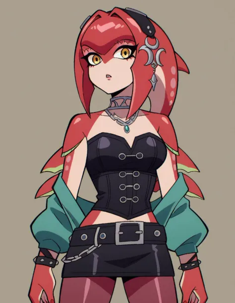 zPDXL, score_9, score_8_up, score_7_up, source_anime, 8k, absurdres, 
1girl, solo,  Mipha, red skin, zora, fish girl, punk wearing a deconstructed blazer with safety pin accents,black corset dress with lace-up detailing, paired with rippedmesh tights,knee-...