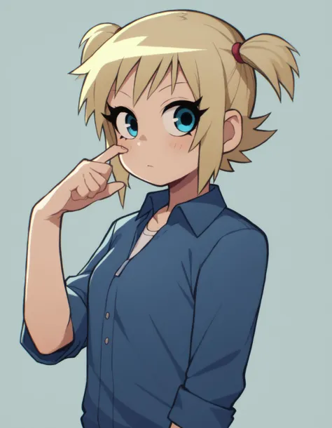 a cartoon girl with blonde hair and blue eyes pointing at her index finger