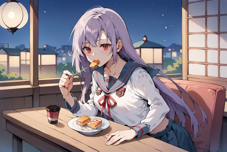 anime girl eating a meal at a table with a view of the city