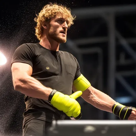 arafed man in black shirt and yellow gloves holding a tennis racquet