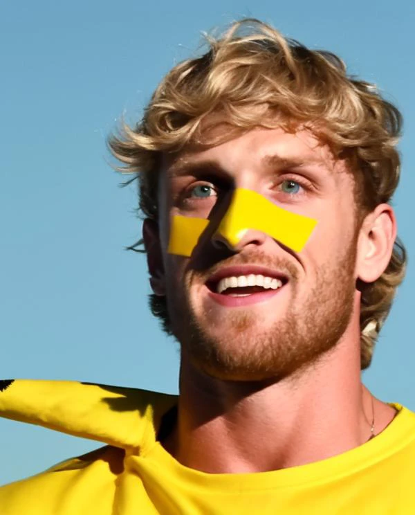 arafed man with yellow tape on his face and a yellow shirt