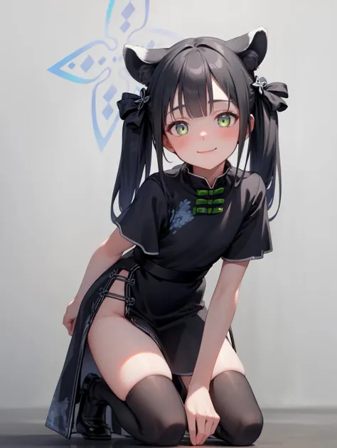 (masterpiece, sidelighting, finely detailed beautiful eyes: 1.2), masterpiece*portrait, realistic, 3d face, lustrous skin,(shun (small) (blue archive):1.2), 1girl, solo, white thighhighs, black hair, twintails, long hair, white background, simple backgroun...