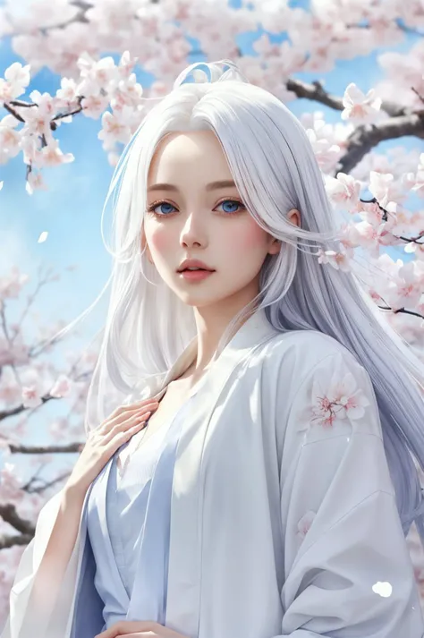 a woman with white hair and blue eyes standing in front of a tree