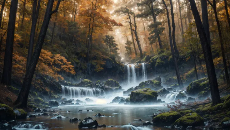 there is a waterfall in the middle of a forest with rocks and trees