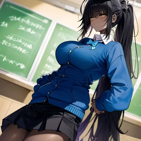 masterpiece, best quality, karin, 1girl, halo, black hair, long hair, yellow eyes, dark-skinned female, black skirt, school uniform, blue bowtie, blue cardigan, hands in pockets, collared shirt, long sleeves, large breasts, classroom, indoors, blush, ponyt...