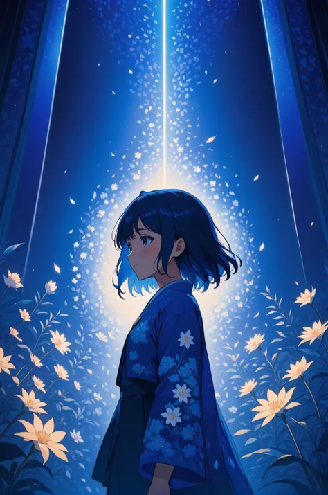 anime opening, (1girl), solo, a dreamscape aesthetic in Cobalt blue theme atmosphere, mosaic background, happy, floral, (wallpaper style), movie trailer, cinematic, screencap, still shot, true perception, comfortable