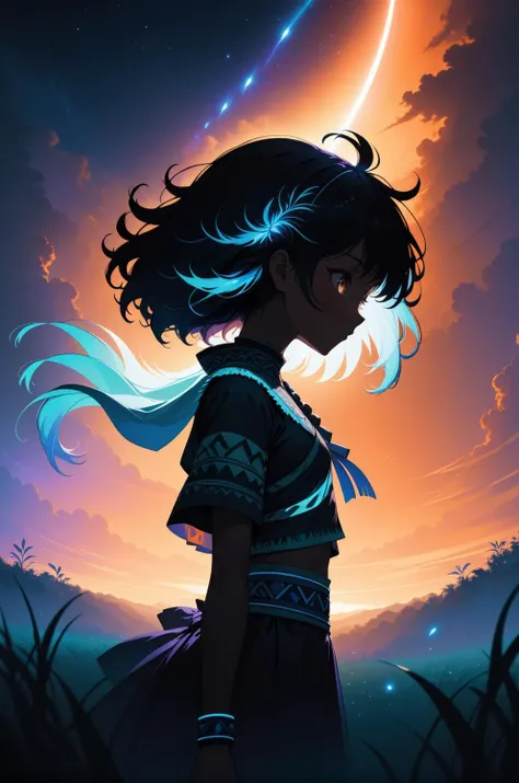 1girl, (from side), (silhouette:1.2), profile, big hair, masterpiece, best quality, light particle, depth of field, field, scenery, fantasy, indigo light, (far away:1.1), cute girl, midriff, tribal sash, pastel colors, chromatic aberration, glow in the dar...