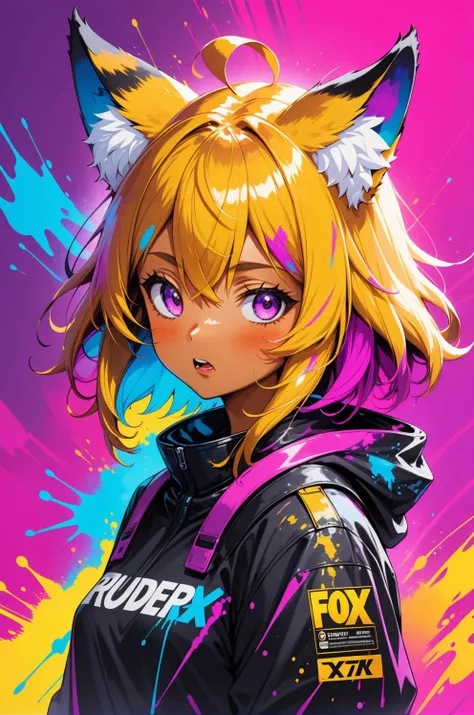 (masterpiece:1.1), (highest quality:1.1), (HDR:1.0), extreme quality, cg, (negative space), detailed face+eyes, 1girl, fox ears, animal ear fluff, (honey:1.2), (bright colors), splashes of color background, colors mashing, paint splatter, complimentary col...