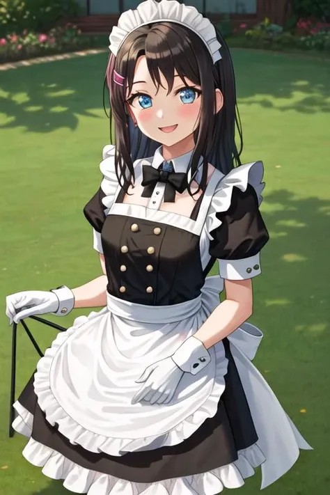 best quality, masterpiece, highres, solo, {maid:1.40}, {long maid dress:1.15}, {okusawa_misaki_bangdream:1.15}, bangs, black_hair, hair_ornament, blue_eyes, hairclip, blush, smile, medium_hair, open_mouth, long_hair