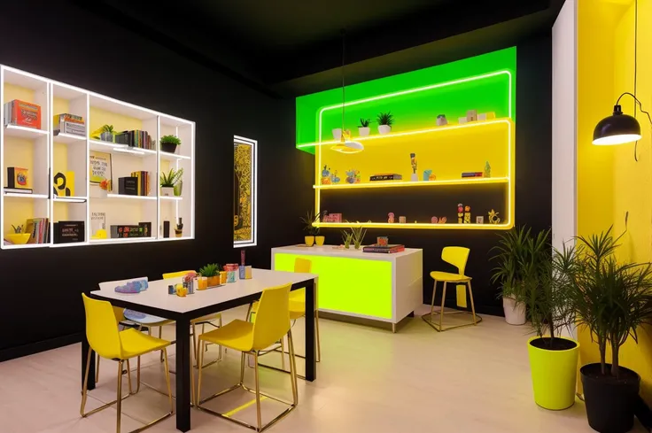 playroom for an adult teenager, yellow neon lights, bookshelf on the wall in the background, black wall, [plant pots], plants, books on the table, garlands, magic room