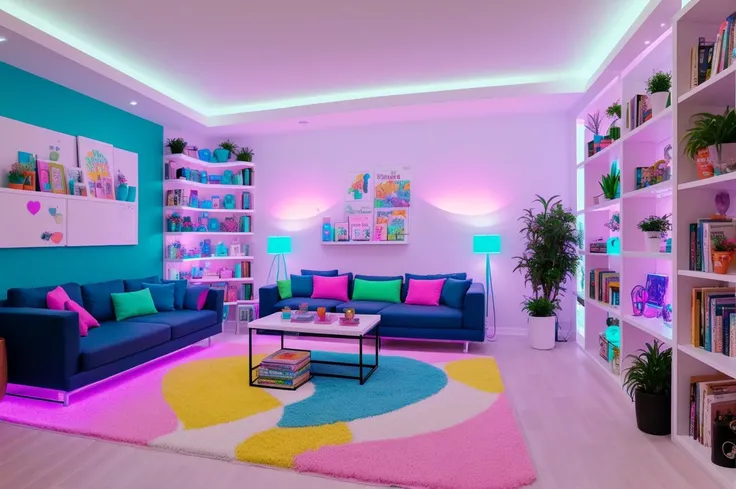 playroom for an adult teenager, neon lights, bookshelf on the wall in the background, [potted plants], plants, books on the table, garlands, magic room