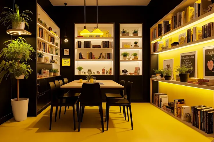 playroom for an adult teenager, yellow neon lights, bookshelf on the wall in the background, black wall, [plant pots], plants, books on the table, garlands, magic room