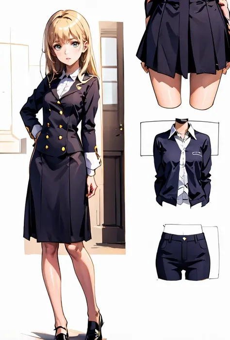 anime character in uniform with different poses and clothing