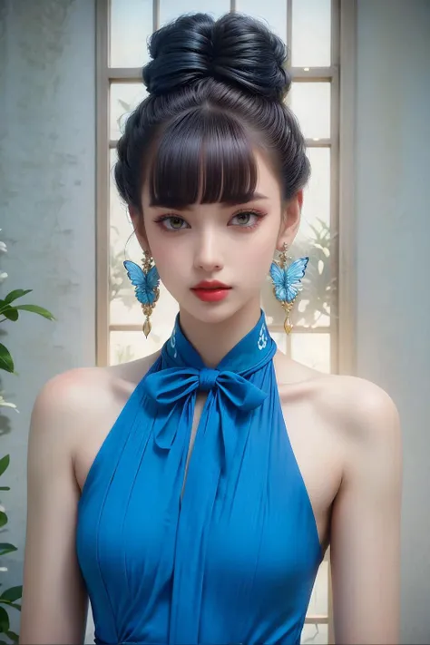 a close up of a woman wearing a blue dress and butterfly earrings