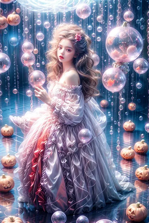 a close up of a girl in a dress surrounded by bubbles