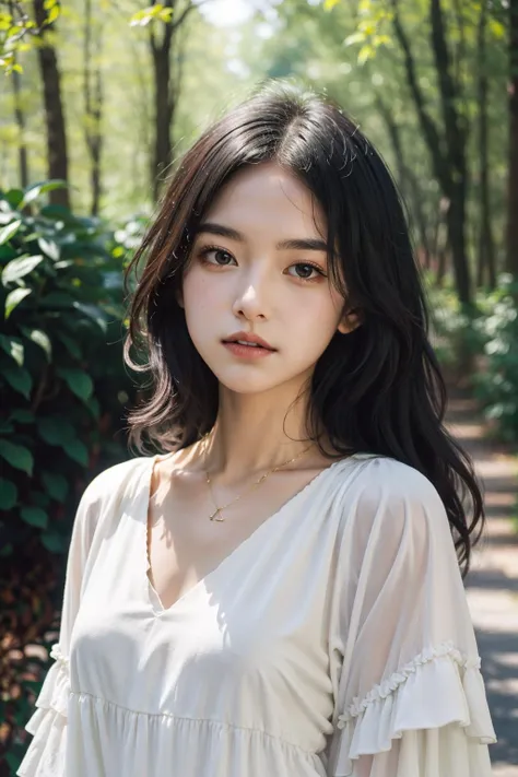 Bohemian chic, young woman in a stylish boho outfit, layered necklaces, (soulful eyes, radiant complexion, distinctive facial features), rustic wooden backdrop, lush foliage, intriguing composition, dappled sunlight, soft shadows, shallow depth of field, m...