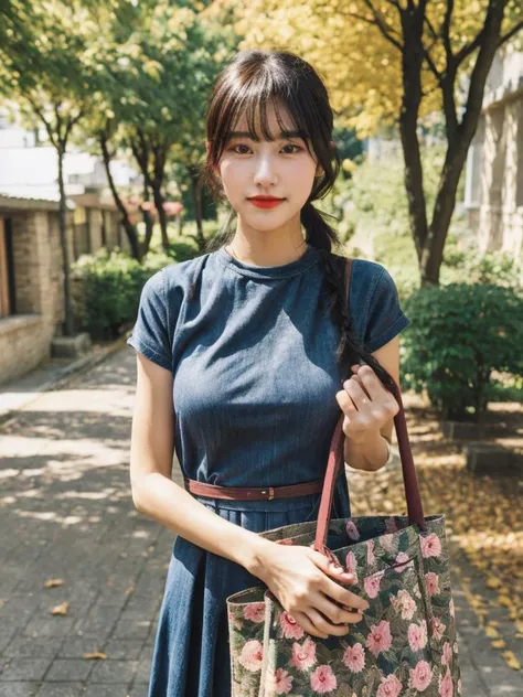 1girl, long colorful side ponytail with bangs, looking at viewer ,big breasts, (upper body:1.2),  <lora:FilmG3:0.9>,filmg, Autumn, Watching leaves fall in a quiet street.,Dark Red A floral print wrap maxi dress with a straw tote bag.,