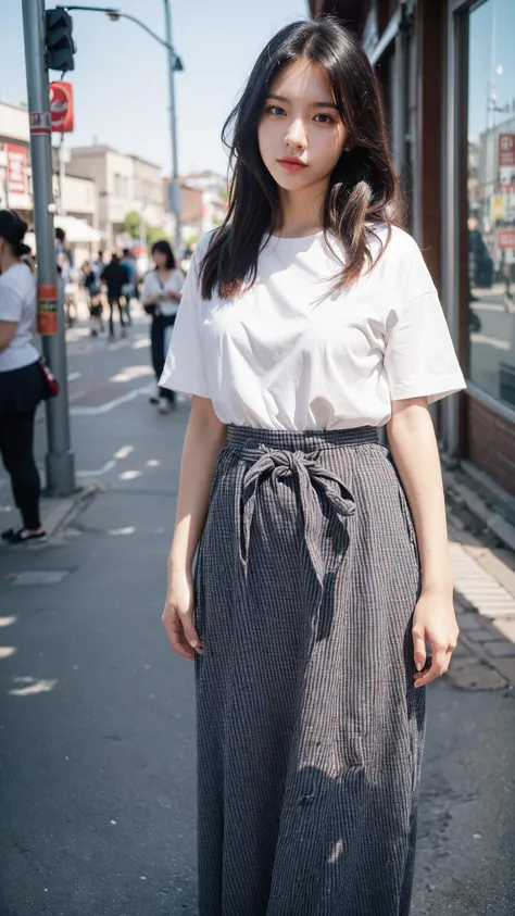 cowboy shot,bokeh:1.2, (small_head), outdoors, 1980s (style), beijing, China, vintage details, streetscape of beijing in 1980s, 
1 girl,fit, solo,  (1980s dress, (long skirt:1.2)), short sleeves, 
medium_breasts:1.2, black_hair, floating_hair,  ponytail,  ...