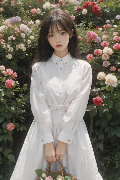 Poetic lens,obscure light and shadow,aestheticism,somber film,1girl,emotional depth,dress shirt,flower,flower field,roses,bloom,<lora:Asian girls faceV2:0.5:face> <lora:FilmVelvia2:0.3>