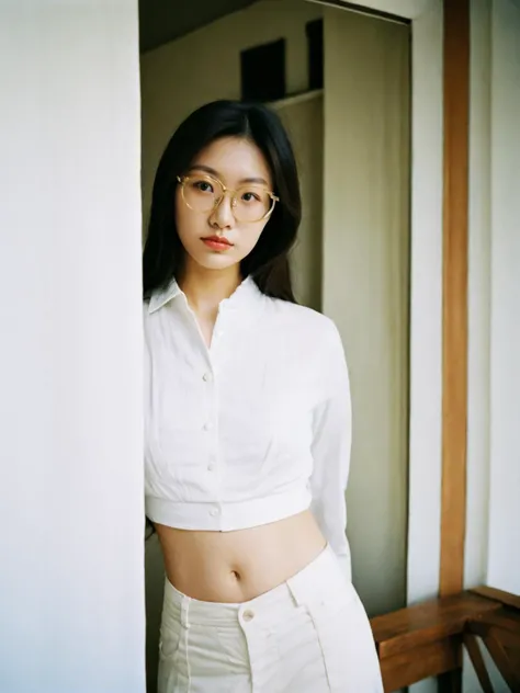 film grain analog photography,woman white shirt leaning window, korean girl portrait, covered navel, best quality, glasses, modern photo august, thin waist, illustrious clothes, half body, room, action pose, 35mm photo,