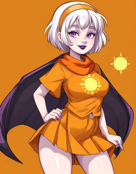 rosegdtr <lora:rosegdtr:0.9>, (curvy adult woman), sun symbol, 1girl,solo,looking at viewer,smile,short hair,shirt,purple eyes,white hair,hairband,orange scarf, (simple background, white background), orange dress, orange shirt, <lora:more_details:0.7>, bla...