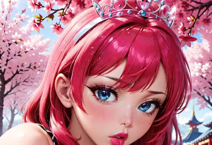 Sakura, pouting, glossy skin, lipstick, kiss, big lips, looking at viewer, shimmering eyes, tiara,