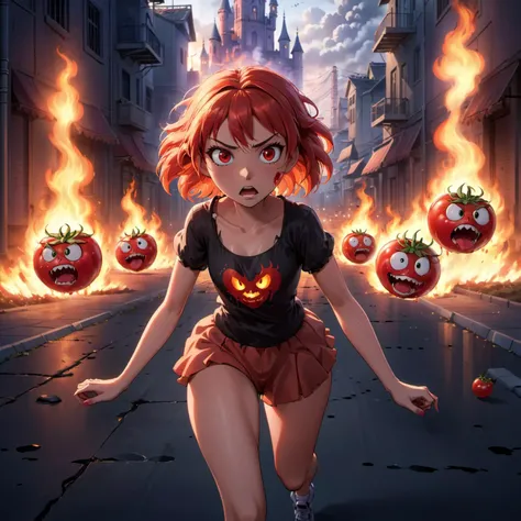 anime, disney, photo of a young beautiful woman try to escape, on the run, attack of killer tomatos, cinematic light, burning city in the background,