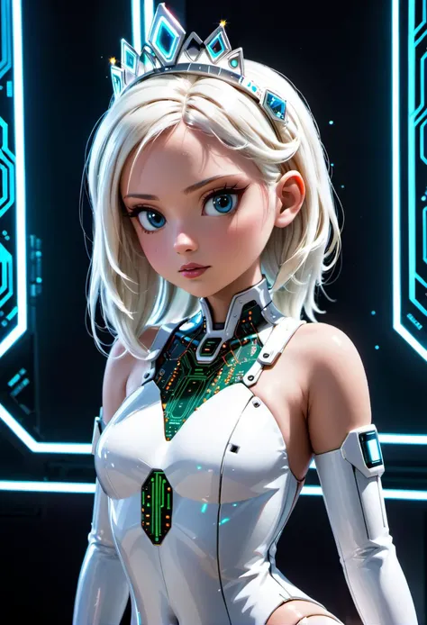 beautiful android female, white plastic skin, exposed electronics, fiber optic hair, circuit board tiara, scifi dress