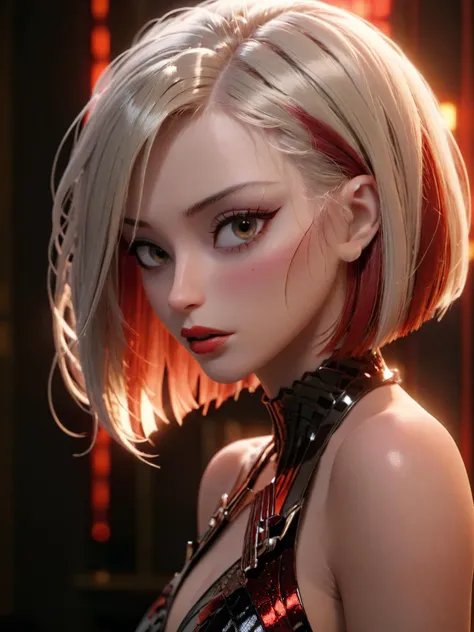 A stunningly beautiful young female with straight ashen color hair with red highlights in bob haircut, deep red glossy lipstick, heavy stylized makup, medium shot, mood lighting, photorealistic <lora:add-detail-xl:1.5> <lora:extremely_detailed:1.5> <lora:m...