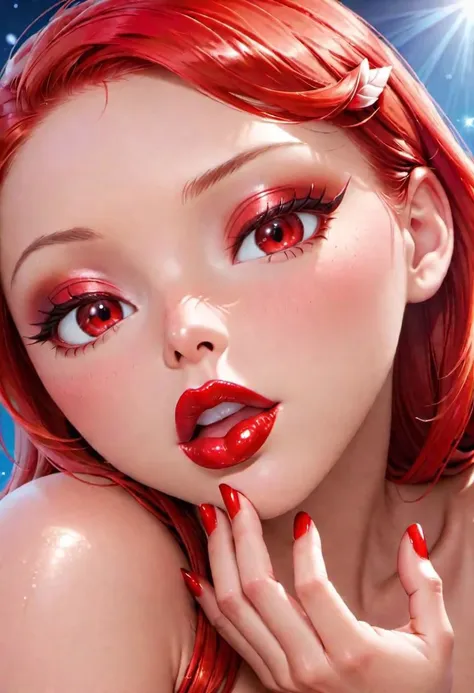 a close up of a woman with red hair and red lipstick