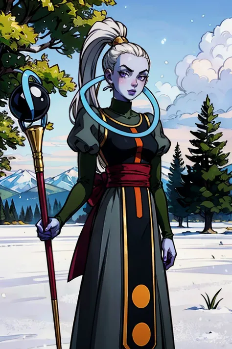 vados, blue skin, white hair, purple eyes, ponytail, blue skin, purple lipstick, puffy sleeves, dress, sash, looking at viewer, serious, standing, medium shot, outside, holding a staff, park, snow, grass, trees, winter, overcast, high quality, masterpiece,...