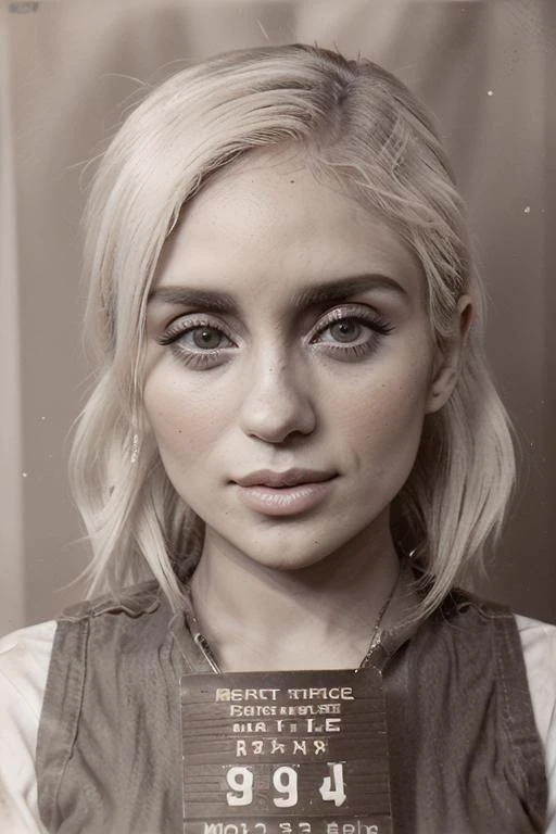 a close up of a woman holding a mug shot in a prison cell