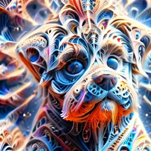 a close up of a dog with a lot of different colored designs