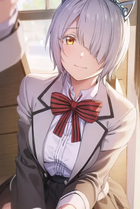 chartreuxwestia, <lora:chartreux westia s1-lora-nochekaiser:1>,
chartreux westia, short hair, bangs, (yellow eyes:1.3), grey hair, (hair over one eye:1.5), smile,
BREAK skirt, shirt, bow, school uniform, jacket, white shirt, striped, bowtie, black skirt, r...