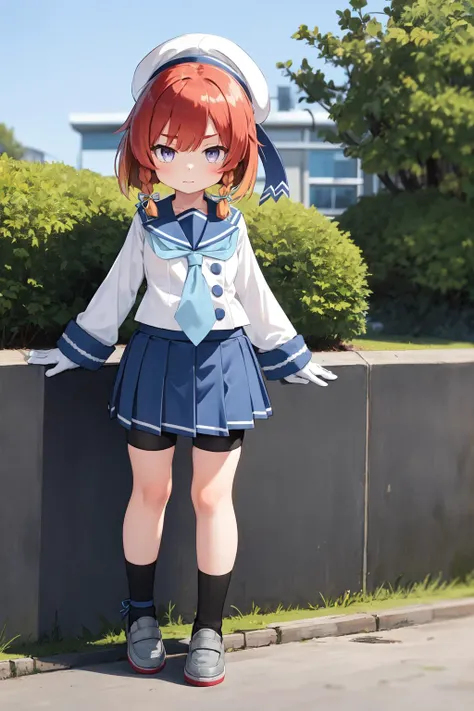 anime girl in a sailor outfit standing on a sidewalk