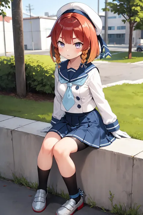 anime girl sitting on a wall with her legs crossed