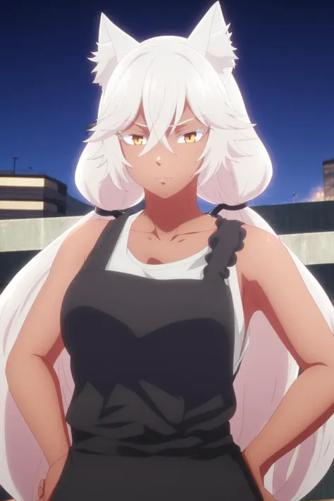 a woman in a black dress with white hair and a cat ears