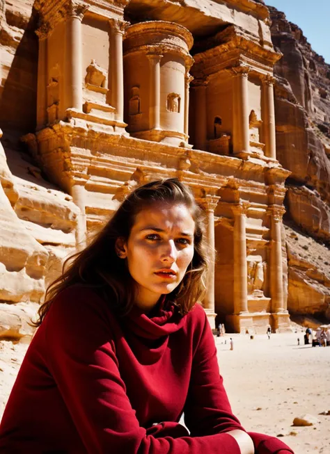 portrait of sks woman in jordan, at the petra, by Flora Borsi, style by Flora Borsi, bold, bright colours, ((Flora Borsi)), by William Eggleston, <lora:locon_leeleesobieski_v1_from_v1_64_32:1>