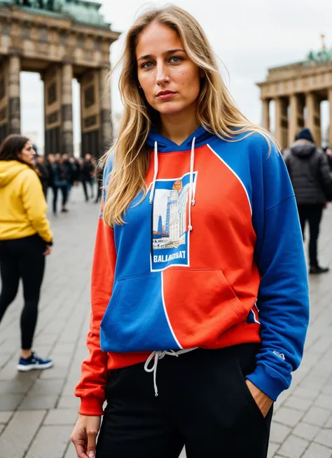 A stunning intricate full color portrait of (sks woman:1) in Berlin, at the Brandenburg Gate, wearing Graphic sweatshirt and jogger pants, epic character composition, sharp focus, natural lighting, subsurface scattering, f2, 35mm, film grain, , by Annie Le...