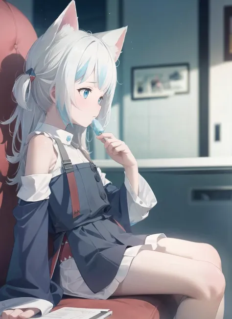 anime girl sitting on a chair with a book and a cat ear