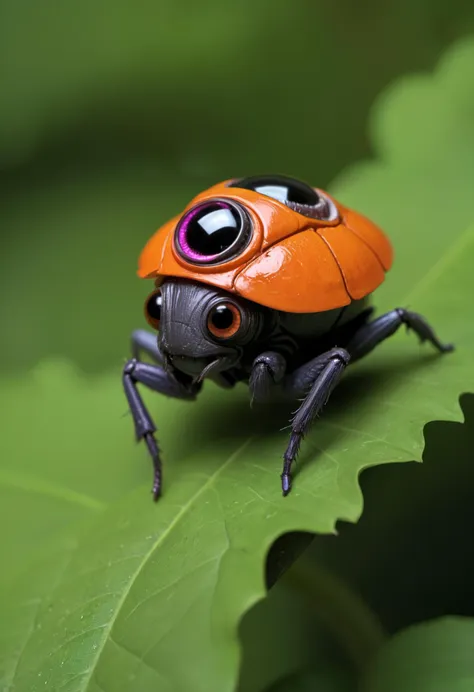 there is a small orange bug with black eyes sitting on a leaf