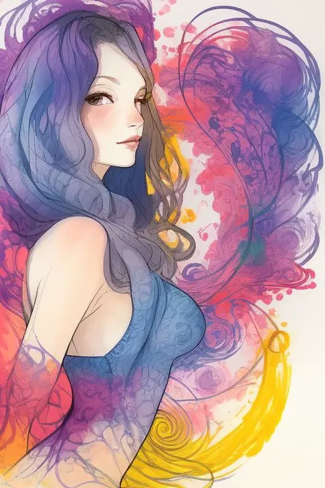 <lora:DanniLuo:1>, DanniShinayaLuo, sketch of a woman symbolizing summer, color, mysterious swirling shapes, art