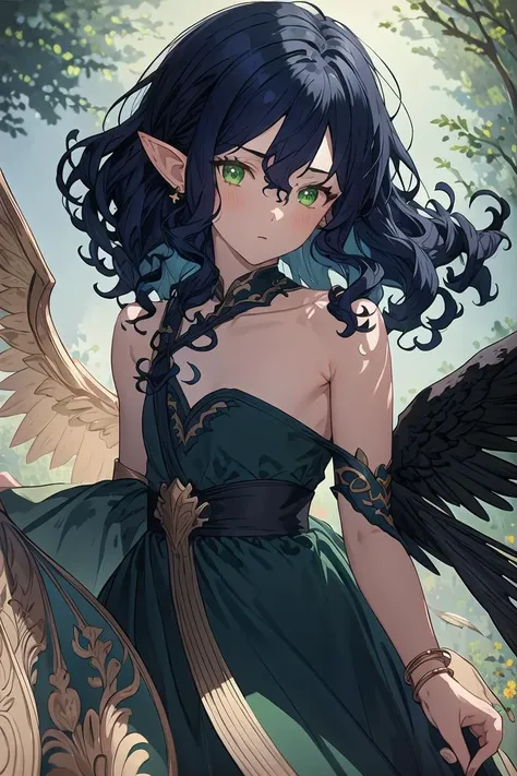 masterpiece,  1boy, solo, curly hair, looking at viewer, bangs, dark blue hair, bare shoulders, jewelry, green eyes, earrings, wings, pointy ears, nail polish, blurry, black dress, bracelet, eyelashes, floating hair, depth of field, bridal gauntlets, backl...